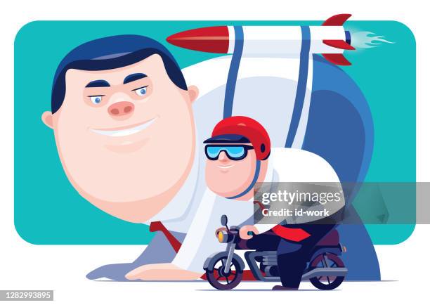 businessmen with launching rocket racing with motorcycle rider - man riding motorcycle clip art stock illustrations