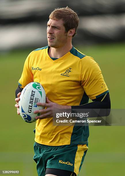 Dan Vickerman of the Wallabies runs the ball during an Australia IRB Rugby World Cup 2011 training session at Porirua Park on October 7, 2011 in...