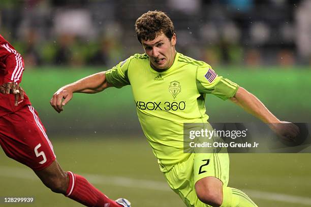 Mike Fucito of the Seattle Sounders FC follows the play against the Chicago Fire during the 2011 Lamar Hunt US Open Cup Final at CenturyLink Field on...