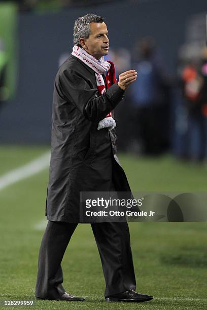 Interim head coach Frank Klopas of the Chicago Fire gestures to the bench during the 2011 Lamar Hunt US Open Cup Final against the Seattle Sounders...