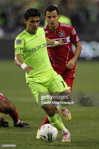 Fredy Montero of the Seattle Sounders FC controls the ball against the Chicago Fire during the 2011 Lamar Hunt US Open Cup Final at CenturyLink Field...