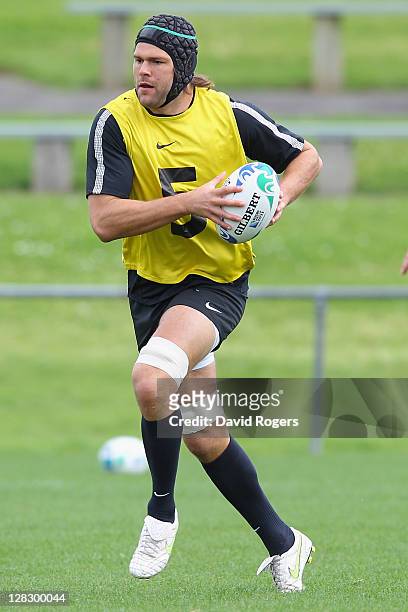 Tom Palmer of England runs with the ball during an England IRB Rugby World Cup 2011 Captain's Run at Onewa Domain on October 7, 2011 in Takapuna, New...