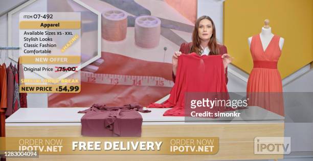 female television presenter advertising dress - television host stock pictures, royalty-free photos & images