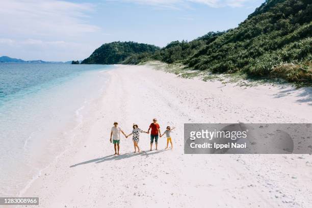 family on tropical beach from above - océano pacífico fotografías e imágenes de stock