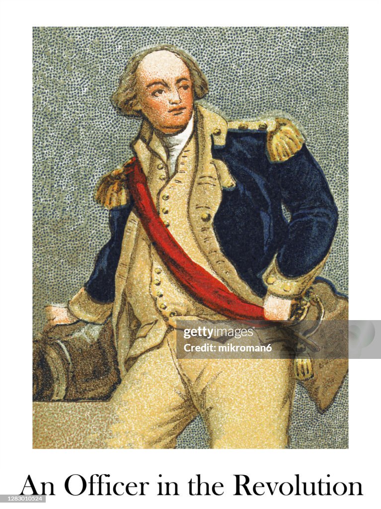 Antique Illustration of Colonial Costumes, Officer in the Revolution