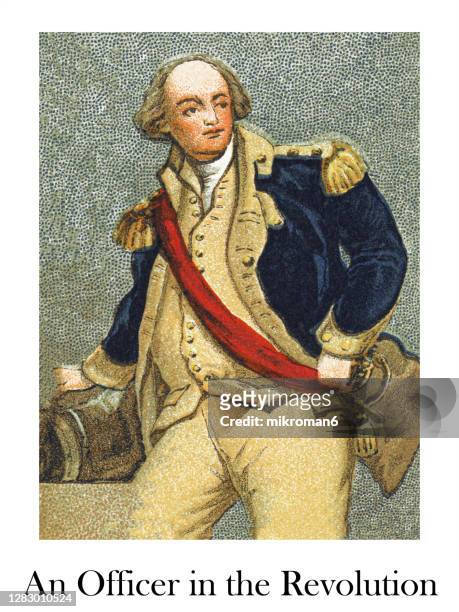 antique illustration of colonial costumes, officer in the revolution - revolutionary war uniform stock pictures, royalty-free photos & images