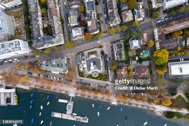 top down view of the luxury real estate district by the lake in zurich gold coast in switzerland - lake zurich switzerland stock pictures, royalty-free photos & images