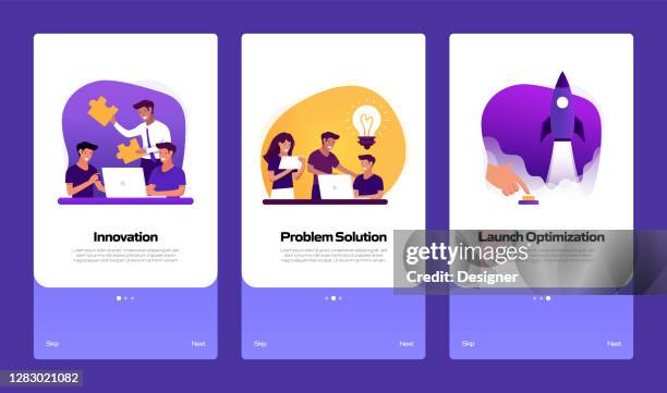 product management concept onboarding mobile app page screen with flat icons. ux, ui design template vector illustration - onboarding infographic stock illustrations
