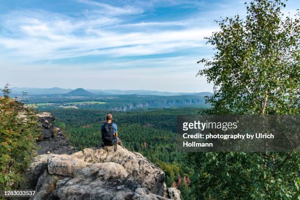 hiker enjoying scenic view over elbe sandstone mountains, saxony, germany - elbsandsteingebirge stock-fotos und bilder