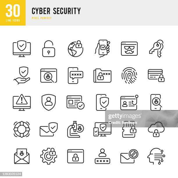 cyber security - dünnlinien-vektor-symbol-set. pixel perfekt. das set enthält symbole: internet-sicherheit, anonymität, künstliche intelligenz, cloud computing, datenschutz, fingerabdruck, antivirus, angeln, datenschutz. - authentication stock-grafiken, -clipart, -cartoons und -symbole