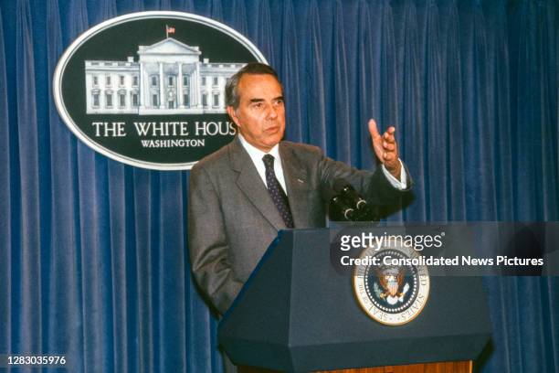 American politician and US Senate Minority Leader Bob Dole speaks from the podium in the White House's Brady Press Briefing Room, Washington DC,...