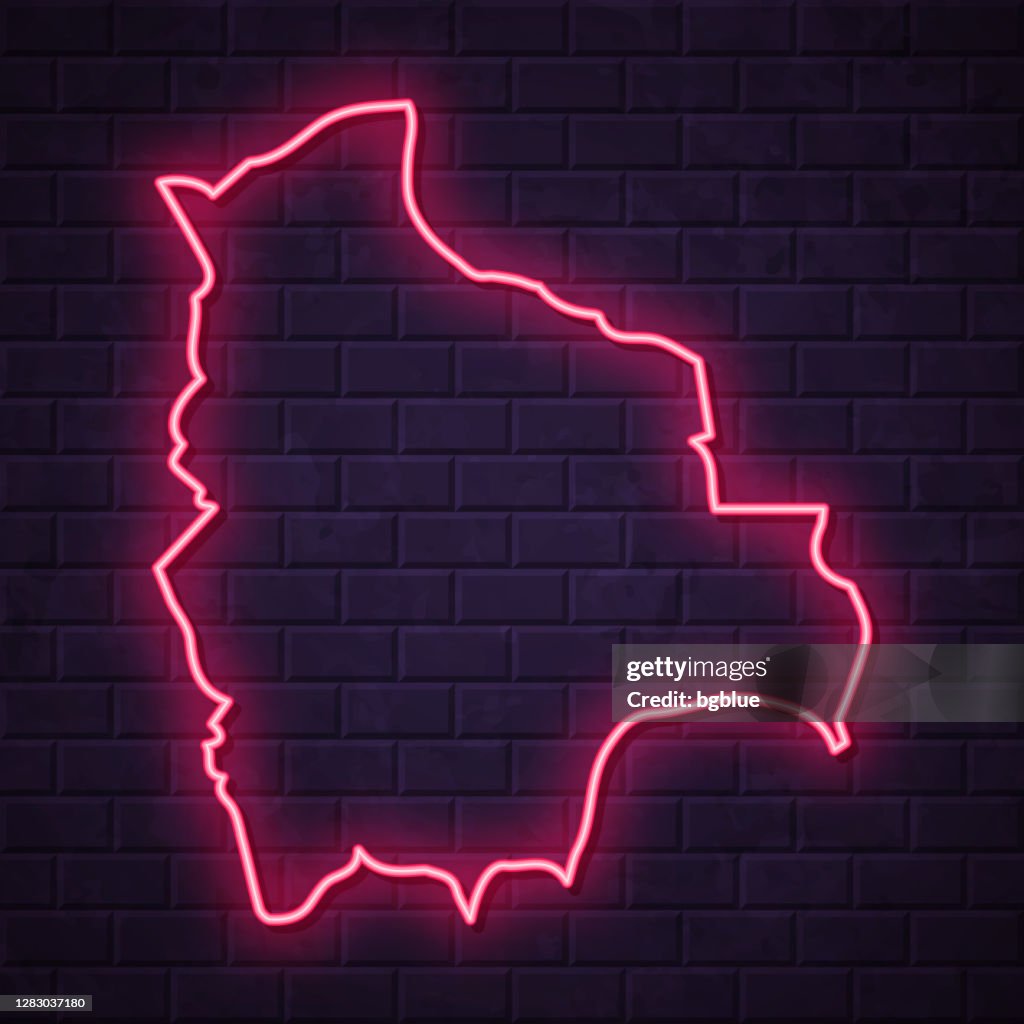 Bolivia map - Glowing neon sign on brick wall background