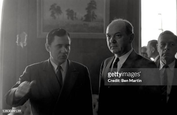 American secretary of State Dean Rusk with Minister of Foreign Affairs for the USSR, Andrei Gromyko at the Russian Embassy, New York City, US,...
