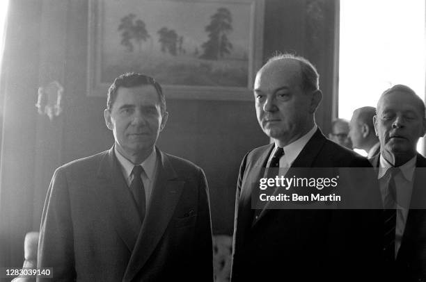 American secretary of State Dean Rusk with Minister of Foreign Affairs for the USSR, Andrei Gromyko at the Russian Embassy, New York City, US,...