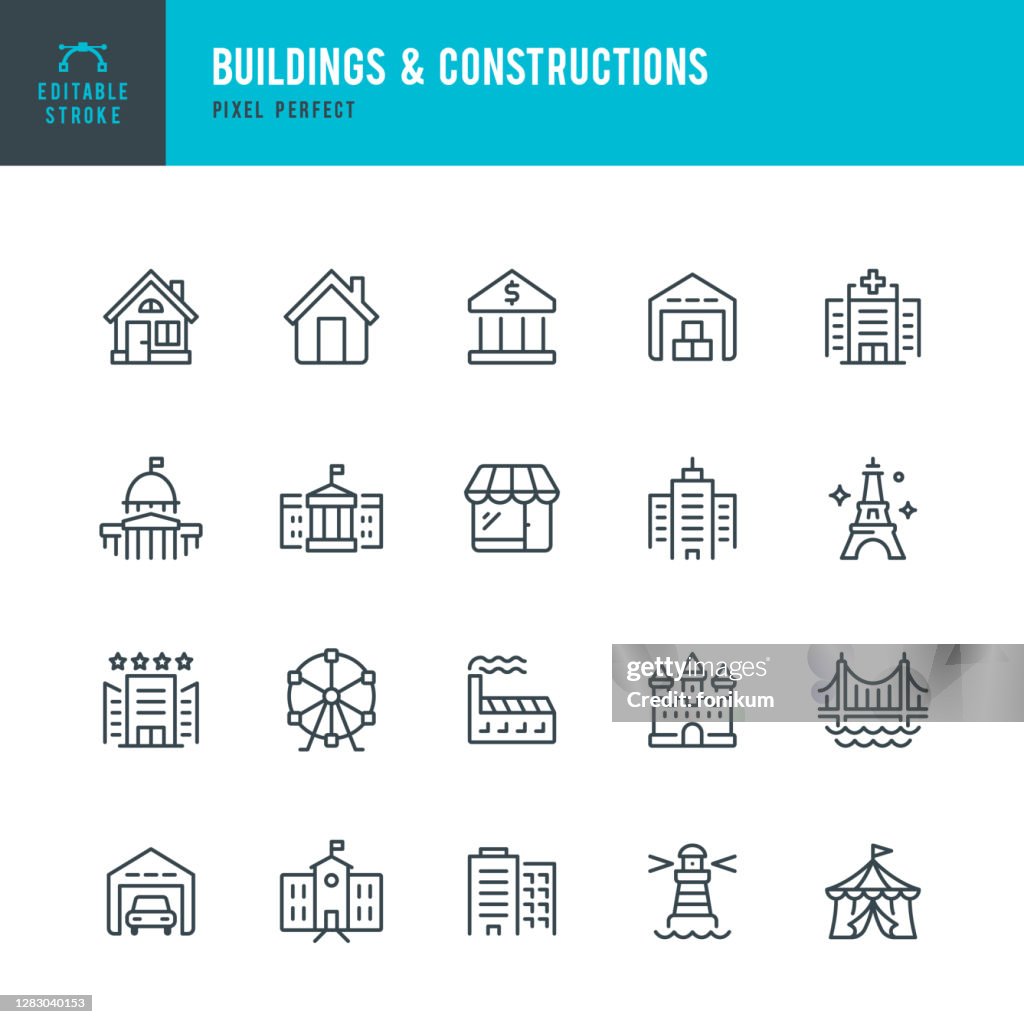 Byggnader & Konstruktioner - tunn linje vektor ikonuppsättning. Pixel perfekt. Redigerbar linje. Uppsättningen innehåller ikoner: Bostadshus, Bank, Skyskrapa, Factory, Sjukhus, Vita huset, Capitol , Lagra, Slott, Lager, Fyr, Eiffeltornet, Bro, Sc