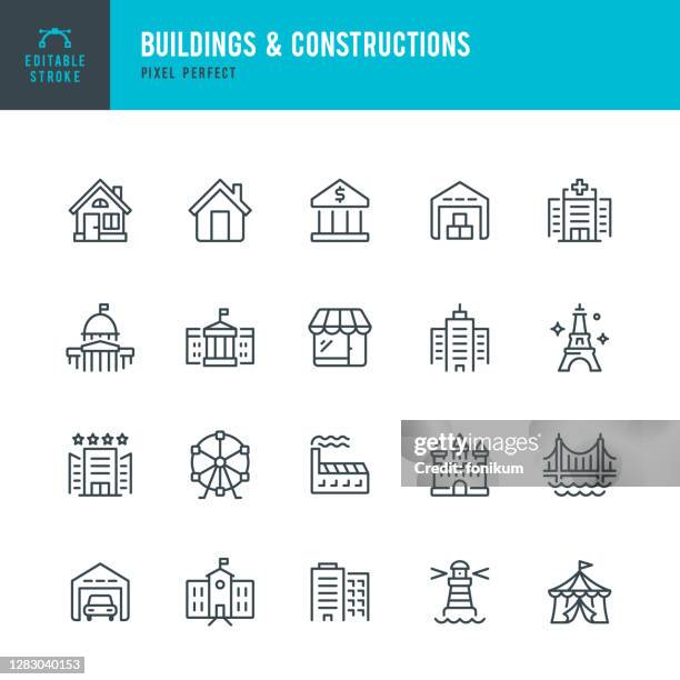 bildbanksillustrationer, clip art samt tecknat material och ikoner med byggnader & konstruktioner - tunn linje vektor ikonuppsättning. pixel perfekt. redigerbar linje. uppsättningen innehåller ikoner: bostadshus, bank, skyskrapa, factory, sjukhus, vita huset, capitol , lagra, slott, lager, fyr, eiffeltornet, bro, sc - internationell sevärdhet