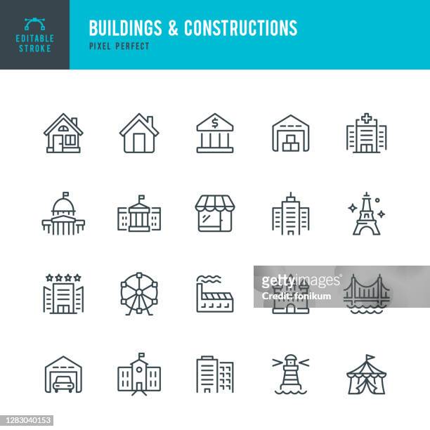 buildings & constructions - thin line vector icon set. pixel perfect. editable stroke. the set contains icons: residential building, bank, skyscraper, factory, hospital, white house, capitol , store, castle, warehouse, lighthouse, eiffel tower, bridge, sc - office stock illustrations