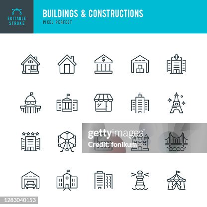 建築物和建築 - 細線向量圖示集。圖元完美。可編輯描邊。該設置包含圖示: 住宅大廈, 銀行, 摩天大樓, 工廠, 醫院, 白宮, 國會大廈, 商店, 城堡, 倉庫, 燈塔, 埃菲爾鐵塔, 橋, Sc 建築物和建築 - 細線向量圖示集。圖元完美。可編輯描邊。該設置包含圖示: 住宅大廈, 銀行, 摩天大樓, 工廠, 醫院, 白宮, 國會大廈, 商店, 城堡, 倉庫, 燈塔, 埃菲爾鐵塔, 橋, Sc