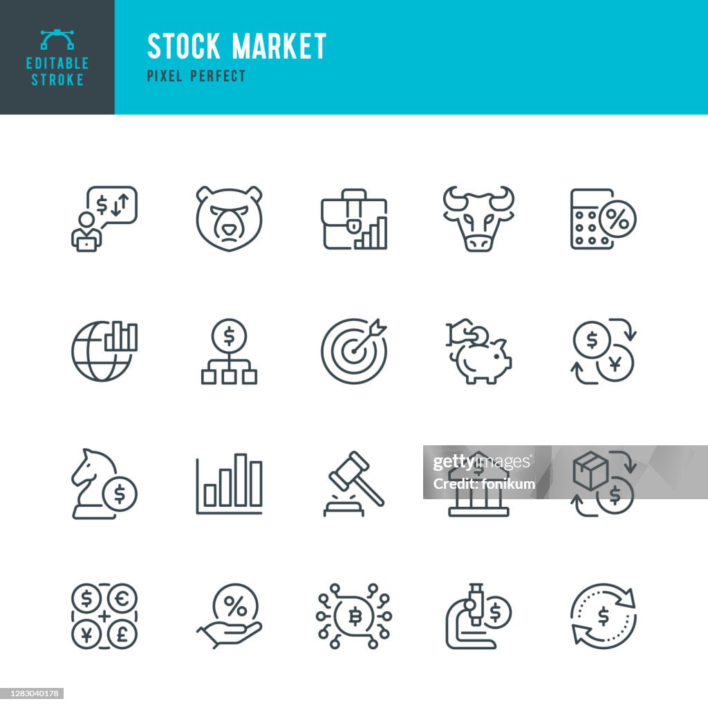 Stock Market - jeu d’icônes vectorielles de ligne mince. Pixel parfait. Trait modifiable. L’ensemble contient des icônes : Bourse et Bourse, Bull, Bear, Banque, Investissement, Blockchain, Diagramme, Finance, Crypto-monnaie.