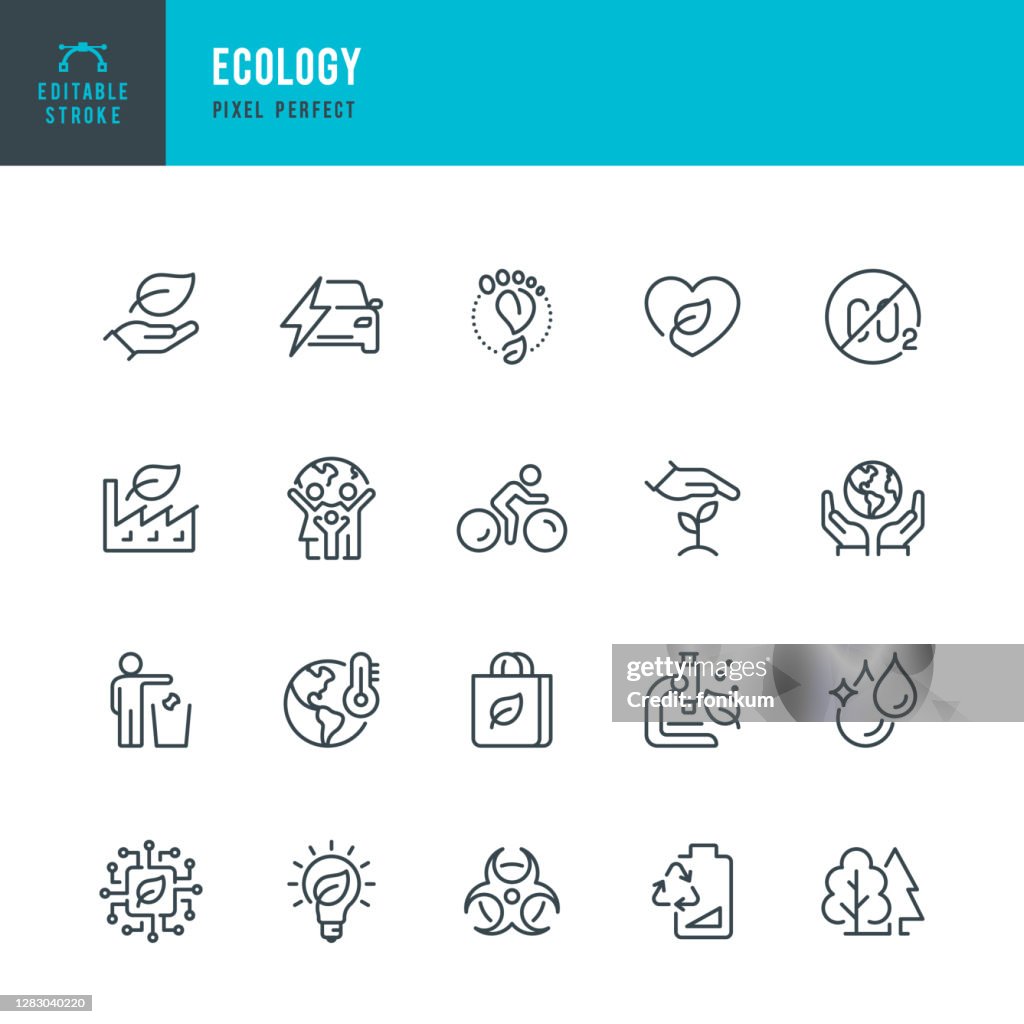 ECOLOGY - Dünnlinien-Vektor-Symbol-Set. Pixel perfekt. Bearbeitbarer Strich. Das Set enthält Ikonen: Ökologie, Klimawandel, Umweltschutz, Alternative Energie, Grüne Technologie.