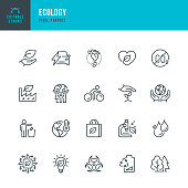 ECOLOGY - thin line vector icon set. Pixel perfect. Editable stroke. The set contains icons: Ecology, Climate Change, Environmental Conservation, Alternative Energy, Green Technology.