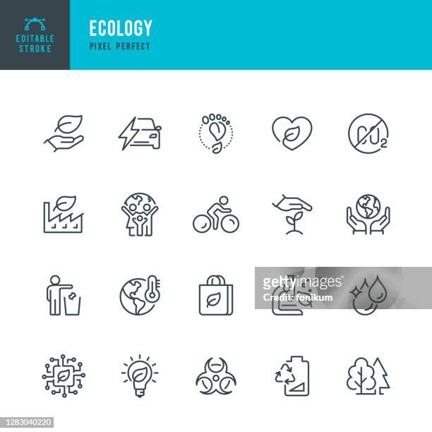 ecology - thin line vector icon set. pixel perfect. editable stroke. the set contains icons: ecology, climate change, environmental conservation, alternative energy, green technology. - factory stock illustrations