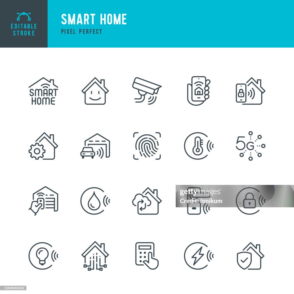 SMART HOME - Dünnlinien-Vektor-Symbol-Set. Pixel perfekt. Bearbeitbarer Strich. Das Set enthält Symbole: Smart Home, Ecosystem, Remote Control, Wireless Technology, Security System, Internet of Things.