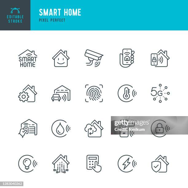 ilustraciones, imágenes clip art, dibujos animados e iconos de stock de smart home - conjunto de iconos vectoriales de línea delgada. pixel perfecto. trazo editable. el conjunto contiene iconos: smart home, ecosistema, control remoto, tecnología inalámbrica, sistema de seguridad, internet de las cosas. - domótica