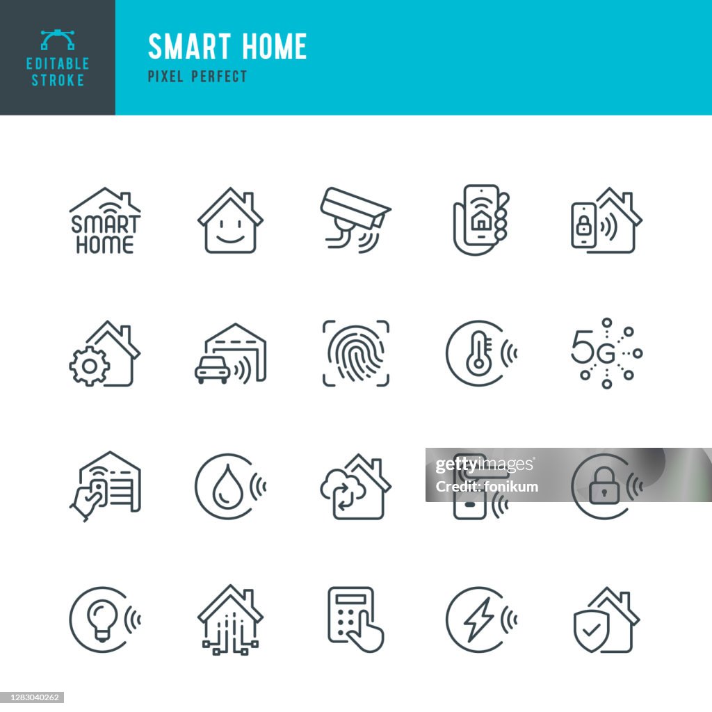 SMART HOME - thin line vector icon set. Pixel perfect. Editable stroke. The set contains icons: Smart Home, Ecosystem, Remote Control, Wireless Technology, Security System, Internet of Things.