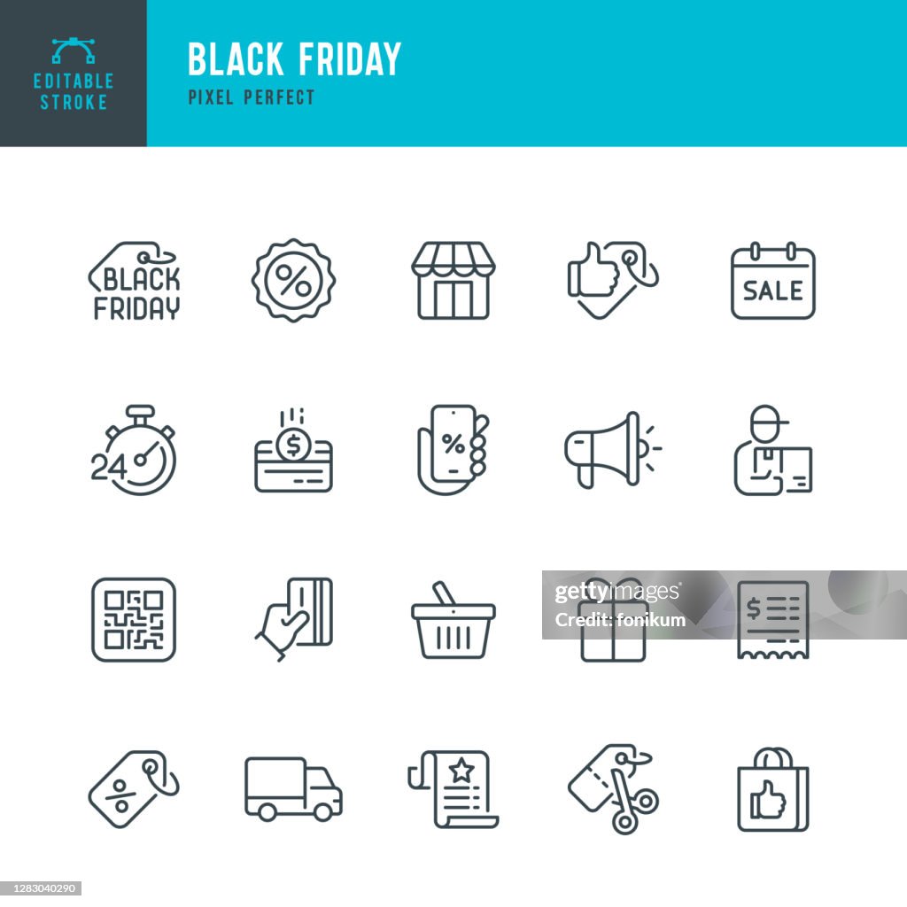 BLACK FRIDAY - tunn linje vektor ikonuppsättning. Pixel perfekt. Redigerbar linje. Setet innehåller ikoner: Black Friday, Shopping, Bästa pris, Rabatter, Bästa säljare, Gåva, Leverans.