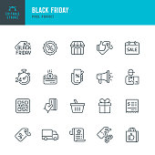 BLACK FRIDAY - thin line vector icon set. Pixel perfect. Editable stroke. The set contains icons: Black Friday, Shopping, Best Price, Discounts, Best Seller, Gift, Delivery.