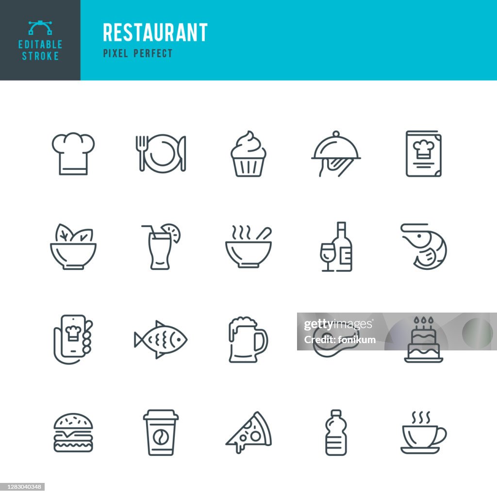 RESTAURANT - set di icone vettoriali a linea sottile. Pixel perfetto. Tratto modificabile. Il set contiene icone: Ristorante, Pizza, Burger, Carne, Pesce, Frutti di mare, Cibo Vegetariano, Insalata, Caffè, Dessert, Zuppa, Birra, Alcool.