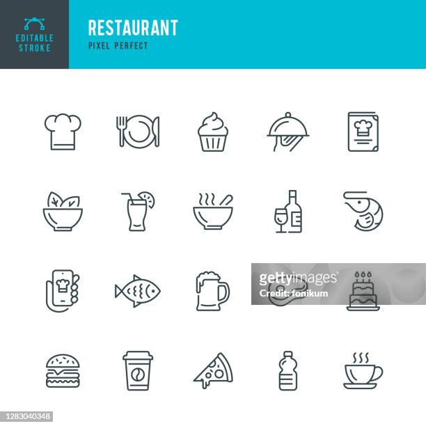 restaurant - thin line vector icon set. pixel perfect. editable stroke. the set contains icons: restaurant, pizza, burger, meat, fish, seafood, vegetarian food, salad, coffee, dessert, soup, beer, alcohol. - healthy eating stock illustrations