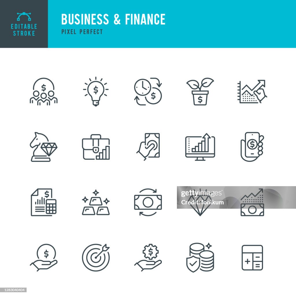 BUSINESS & FINANCE - set di icone vettoriali a linea sottile. Pixel perfetto. Tratto modificabile. Il set contiene icone: Investimento, Crescita ricchezza, Oro, Strategia aziendale, Target, Assicurazione patrimoniale, Diamante.