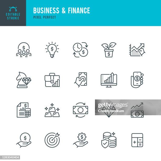 illustrazioni stock, clip art, cartoni animati e icone di tendenza di business & finance - set di icone vettoriali a linea sottile. pixel perfetto. tratto modificabile. il set contiene icone: investimento, crescita ricchezza, oro, strategia aziendale, target, assicurazione patrimoniale, diamante. - guadagnare soldi