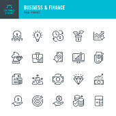 BUSINESS & FINANCE - thin line vector icon set. Pixel perfect. Editable stroke. The set contains icons: Investment, Wealth Growth, Gold, Business Strategy, Target, Wealth Insurance, Diamond.