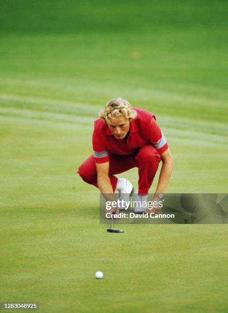 Bernhard Langer of Germany putts on the 10th hole in the final round on his way to winning the 1985 Masters Tournament at Augusta National Golf Club...