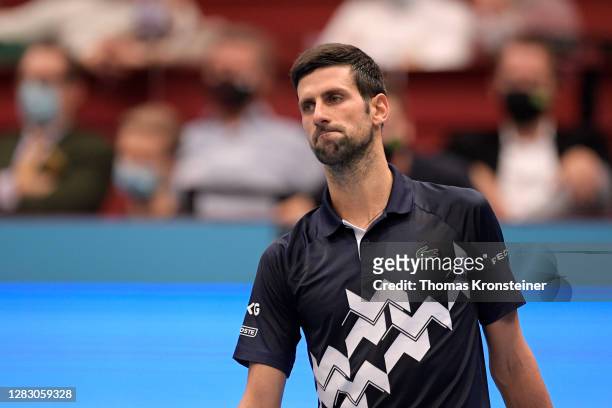 Novak Djokovic of Serbia reacts during his quarter finals match against Lorenzo Sonego of Italy on day seven of the Erste Bank Open tennis tournament...