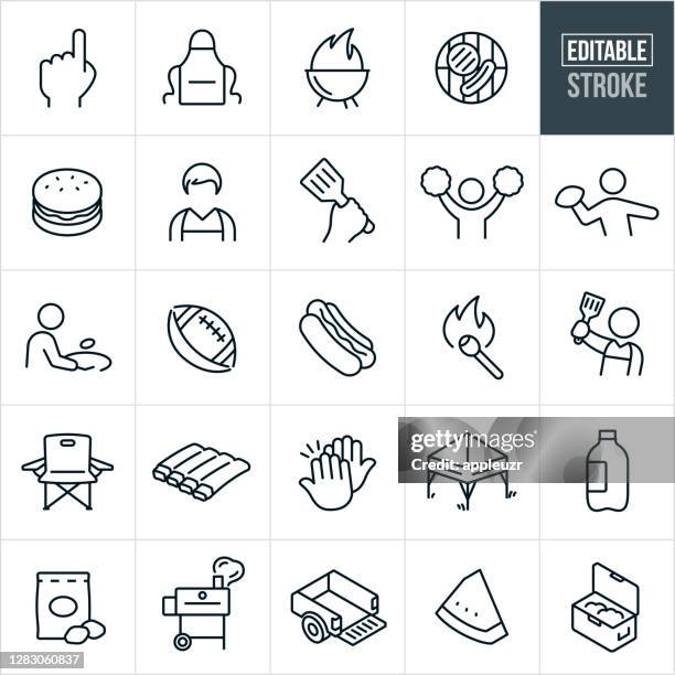 ilustraciones, imágenes clip art, dibujos animados e iconos de stock de tailgating iconos de línea fina - trazo editable - corte de carne