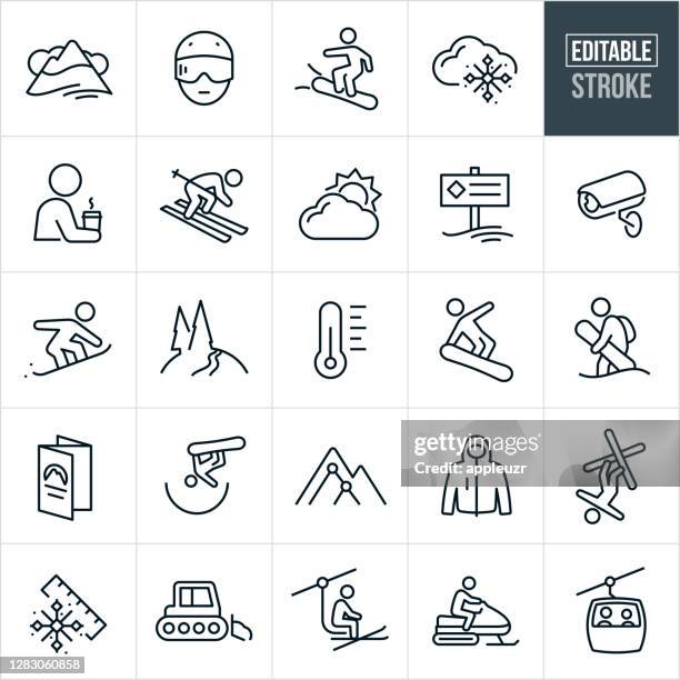 skifahren und snowboarden thin line icons - editable stroke - skikleidung stock-grafiken, -clipart, -cartoons und -symbole