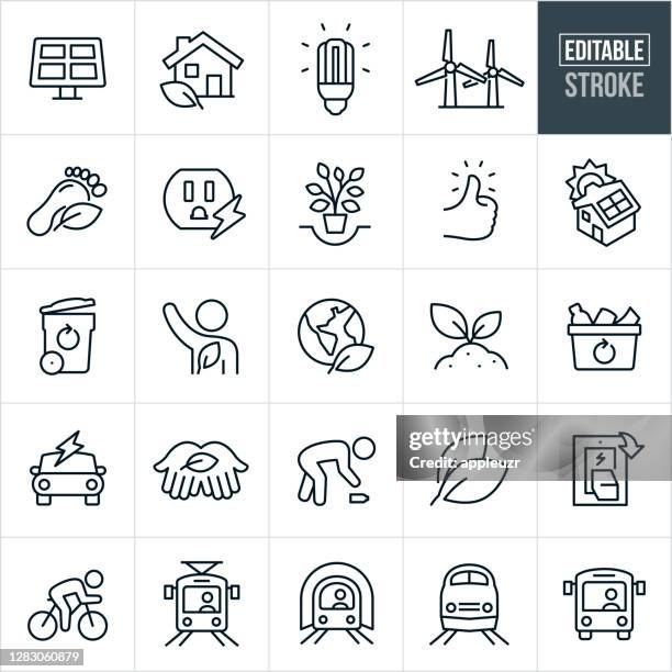 environmental conservation thin line icons - editable stroke - energy efficient lightbulb stock illustrations