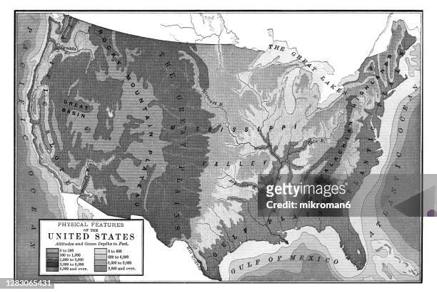 old map of united states, physical features - united states map black and white stock pictures, royalty-free photos & images