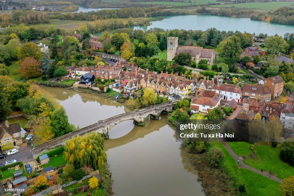 Drone view of the pretty and idlic Aylesford village in Kent, England