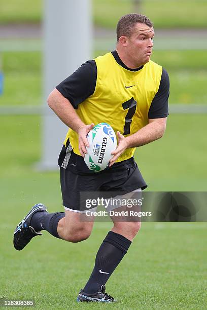 Matt Stevens of England runs with the ball during an England IRB Rugby World Cup 2011 Captain's Run at Onewa Domain on October 7, 2011 in Takapuna,...