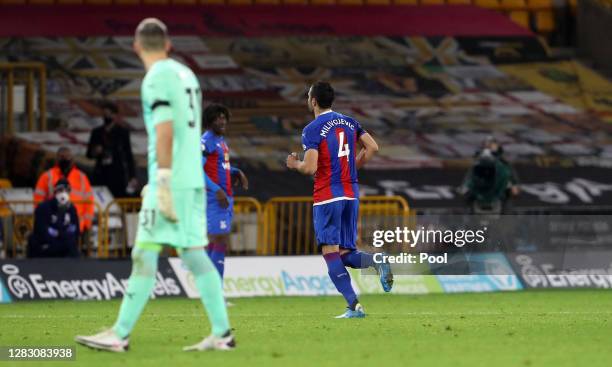 Luka Milivojevic of Crystal Palace leaves the pitch after receiving a red card during the Premier League match between Wolverhampton Wanderers and...
