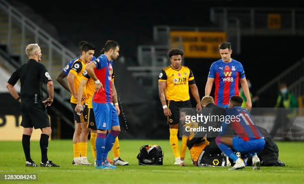 Joao Moutinho of Wolverhampton Wanderers speaks with Luka Milivojevic of Crystal Palace as he receives medical treatment during the Premier League...