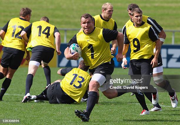 Matt Stevens of England runs with the ball during an England IRB Rugby World Cup 2011 Captain's Run at Onewa Domain on October 7, 2011 in Takapuna,...