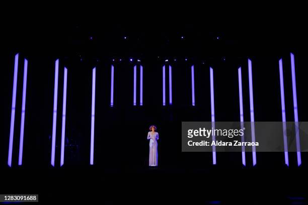 Hologram of American singer Whitney Houston performing is projected on stage at Teatro Bankia Príncipe Pío on October 30, 2020 in Madrid, Spain.