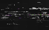 Glitch no signal. Abstract digital distortion. VHS noise backdrop with horizontal lines. Video error and color pixels. Glitch TV screen with overlay effect. Vector illustration