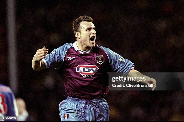 Riccardo Scimeca of Aston Villa celebrates his goal against Blackburn Rovers in the FA Carling Premiership match at Ewood Park in Blackburn, England....